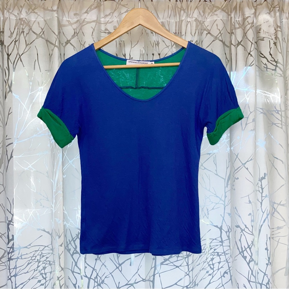 OPENING CEREMONY blue cotton short sleeve green cuffs round scoop neck tee shirt